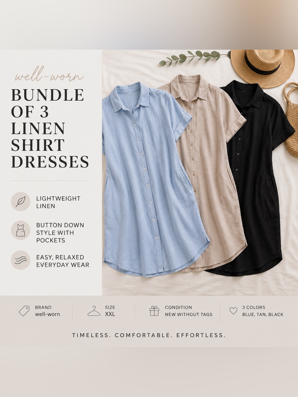 BUNDLE of 3 Dresses: NWOT Linen Blend Shirt Dresses in Light Blue, Beige & Black